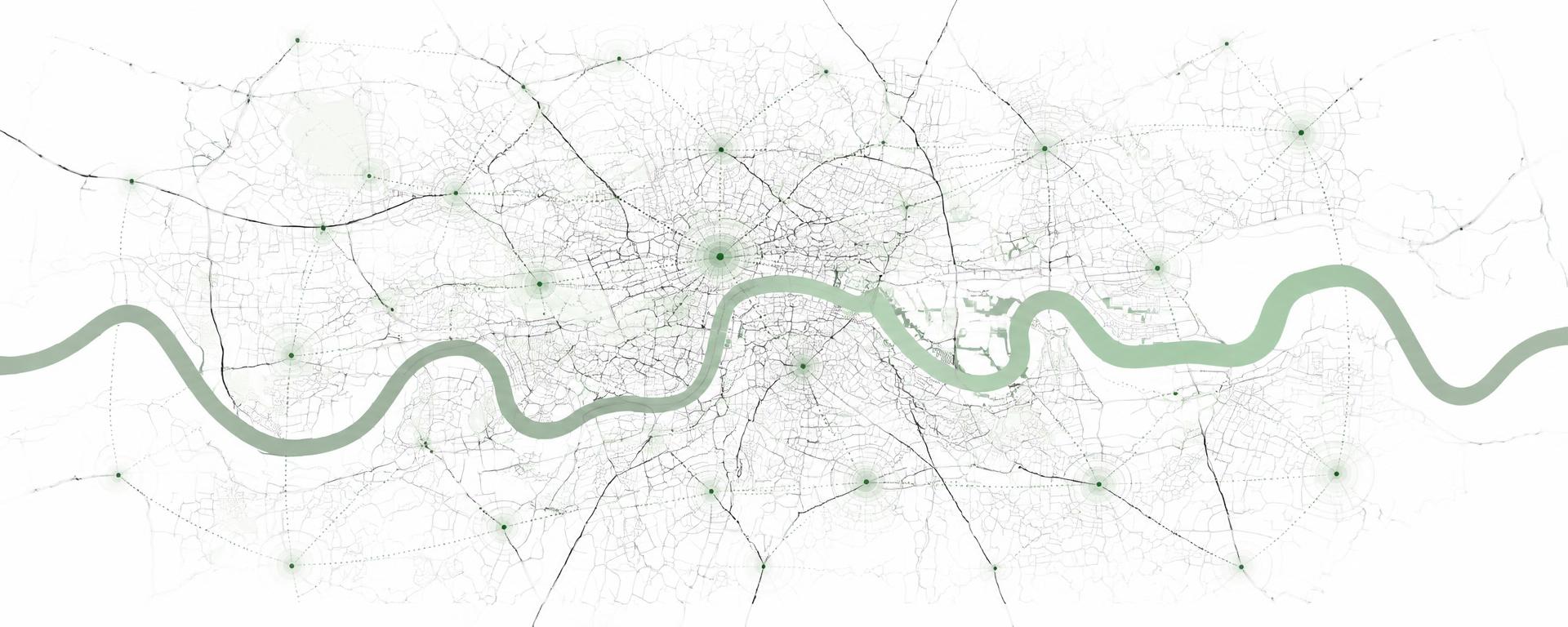 Abstract map of London with the Thames and clinic catchment zones marked in green